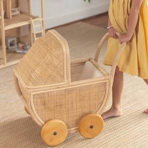 Exceptional Handwoven Natural Wicker Baby Doll Pram Rattan Toy Wooden Wheels Push Walker Carriage Nursery Decor Pretend Play Gif - Product Image 3