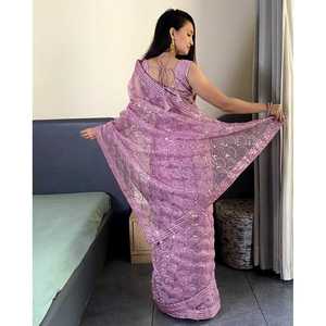 Saree ผ้าชีฟองดีไซเนอร์กับ zari dori และขอบลูกไม้ปัก - Product Image 3