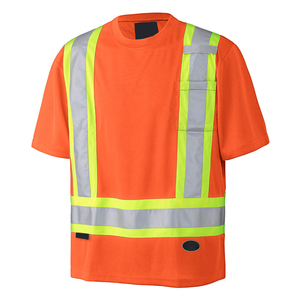 High Visibility Orange Safety T-<b>Shirt</b> with Reflective Stripes Workwear Men's Construction Apparel - Product Image 1