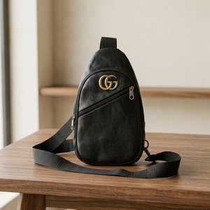 Sac de poitrine pour homme en cuir véritable noir, imperméable, sac bandoulière, sac messager à fermeture éclair, sac à dos pour les voyages et l'usage quotidien - Product Image 1