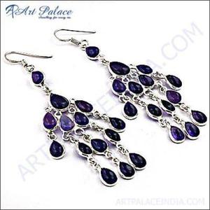 Boucles d'oreilles en argent faites à la main de designer célèbre avec boucles d'oreilles créoles fabuleuses à la mode en pierre précieuse améthyste - Product Image 1