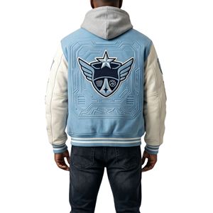 Light Blue Hooded Varsity <b>Jacket</b> W Star Patch Embroidery Letterman Coat <b>White</b> Sleeve Baseball Bomber Sports Team Apparel - Product Image 2