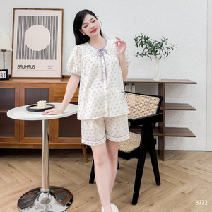 Women's <b>linen</b> home wear set with bow print B772 sweat absorbent good price - Product Image 2