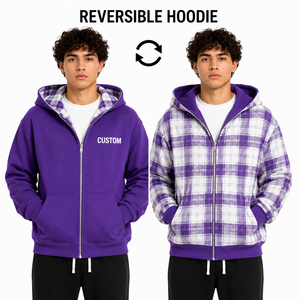 Sudadera con capucha reversible de franela a cuadros Y2K de doble capa, peso pesado, con cremallera completa, corte holgado, hombros caídos, logotipo personalizado - Product Image 4