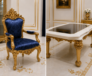 Juego de Comedor Extensible y Plegable de Madera de Teca Azul Tradicional, Inspirado en el Rococó Real, con Tapicería Acolchada - Product Image 3