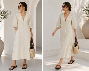 Puff Sleeve Linen/Cotton Modest V Neck Button Straight Solid Breathable Eco-Friendly Women's <b>Beach</b> <b>Kaftan</b> Dress Side Pockets - Product Image 2