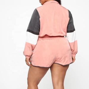 Femmes vente entière Nylon panneau travail avant fermeture éclair veste courte et taille élastique cordon Shorts survêtements 2 pièces femmes ensembles - Product Image 3