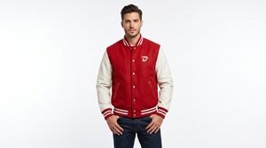 Chaqueta Varsity Roja para Hombre con Mangas Blancas, Cierre de Botones Frontales, Estilo Preppy, Ropa de Abrigo para Otoño - Product Image 3
