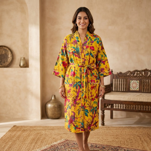 Robe kimono en coton bleu turquoise style bohème |   Robe de chambre à manches longues et col en V pour femme |   Robe longue avec cordon de serrage et poche avant, modèle maître - Product Image 3