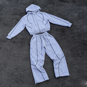 OEM Custom Trim Piping <b>Embroidery</b> LOGO Boxy Fit Jogger and Hoodie <b>Set</b> 2 Pieces Terry Tracksuits Zipper Hoodie <b>Set</b> for Men - Product Image 1