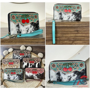 กระเป๋าคลัทช์หนังวัวแท้ลายดอกเชอร์รี่พรีเมียมสำหรับผู้หญิง ดีไซน์ใหม่ พร้อมช่องใส่บัตรและเงินสด สายคล้องมือ กระเป๋าสตางค์ใบยาว - Product Image 1