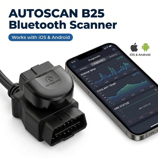 AUTOSCAN B25 Bluetooth OBD2 Scanner ELM327 Car Diagnostic Tool Engine ABS Airbag Full System Check for iOS Android