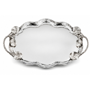 Bandeja decorativa de metal martillado con asas de diseño de hojas, bandeja ovalada plateada para servir, para decoración de mesas de bodas y hoteles. - Product Image 1