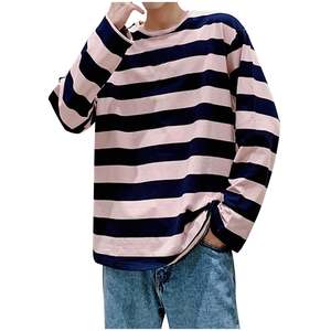 T-shirt rayé à manches longues pour homme, coupe décontractée oversize à col ras du cou et épaules tombantes, style streetwear, vente directe usine, meilleures ventes, OEM - Product Image 4