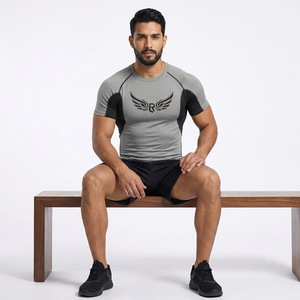 Rash Guard Men Short Sleeve Gray <b>Black</b> <b>Wing</b> Logo Quick Dry Spandex Polyester Compression Shirt for MMA BJJ Workout - Product Image 4