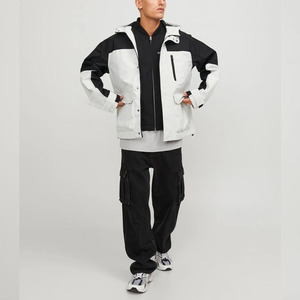 <b>Men's</b> Hooded Color Blocking Waterproof <b>Puffer</b> <b>Jacket</b> Regular Fit Black <b>White</b> PU Coated Outdoor Sporty Style Zipper Closure - Product Image 5