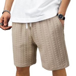 Men's Beige Quilted Bermuda Shorts With Drawstring Waist And Pockets Casual Style Cotton Fabric Mid Rise Short Pants - Product Image 1