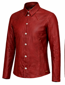 Men's Red Leather Shirt Jacket Casual Turn-Down Collar Regular Sleeve Solid Color Button Closure Autumn Wear - Product Image 3