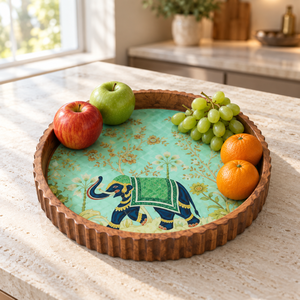 Botanical Enamel <b>Round</b> Wood <b>Tray</b> | Natural Wood Serving <b>Tray</b> with Ribbed Edge Elephant Floral Design Dining <b>Table</b> Home Decor Art - Product Image 2