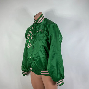 Green Satin <b>Varsity</b> <b>Jacket</b> <b>Men</b> Letterman <b>Bomber</b> Stand Collar Button Front Custom Logo Eco-Friendly Spring Outerwear - Product Image 4