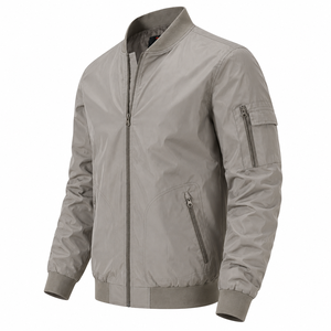 <b>Light</b> Gray Bomber <b>Jacket</b> Full Sleeve Zipper Closure Stand Collar Polyester Woven Windproof Autumn Regular Fit Silk Finished - Product Image 3