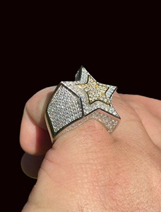 <b>Mens</b> Iced Moissanite Star <b>Ring</b> Two Tone 925 Sterling <b>Silver</b> Gold Trim Hip Hop <b>Ring</b> <b>Men</b> Bling Jewelry Statement Luxury Style - Product Image 2