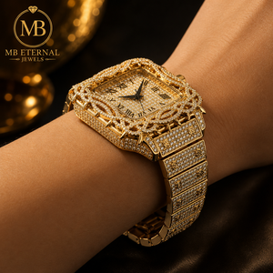 MB ETERNAL JEWELS นาฬิกาควอทซ์ทรงสี่เหลี่ยมประดับเพชรหรูหรา สายทองเหลือง 41 มม. ระบบอัตโนมัติ หน้าปัดตัวเลขโรมัน แซฟไฟร์ - Product Image 5