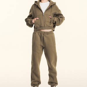 Women's Custom <b>Cropped</b> <b>Zip</b> <b>up</b> Tracksuit Set 100% Cotton French Terry Casual Sports Hoodie and Sweatpants Set - Product Image 1