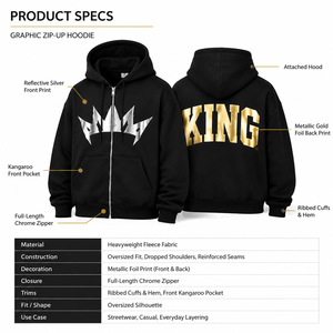 Sweat à capuche zippé surdimensionné personnalisé avec impression foil, 100% coton épais, streetwear homme, graphique réfléchissant, vierge, OEM - Product Image 5