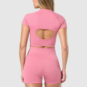 T-shirt court moulant à manches courtes pour femme, en Spandex/Polyester haute élasticité, côtelé, collection 2026, le plus vendu - Product Image 6