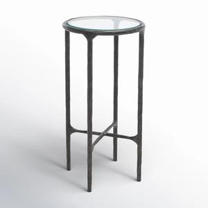 Mesa Auxiliar Artesanal con Textura Decorativa, Tapa Redonda de Vidrio, Marco Esculpido y Soporte Cruzado, Mesa Lateral Compacta y Estable para Bares - Product Image 1