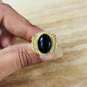 Anillo de Ónix Negro Grueso Favorito del Comprador, Chapado en Oro de 18k, Anillo de Latón con Filigrana Hecho a Mano, Estilo Bohemio, Ajustable, Venta al por Mayor - Product Image 4