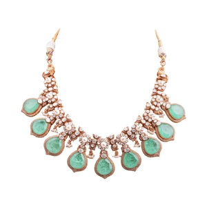 Conjunto de collar y aretes de plata 925 con Kundan verde |   Joyería nupcial hecha a mano |   Collar de boda tradicional - Product Image 2