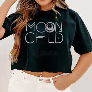INDEX APPAREL Women's Black Crop <b>Top</b> Crew Neck Short Sleeve Moon Child Print Casual T-Shirt Spring Summer Wear - Product Image 3