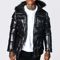 Blouson matelassé noir brillant pour homme avec capuche en fausse fourrure, manteau d'hiver isolé, parka zippée, vêtement d'extérieur chaud style streetwear, cadeau pour