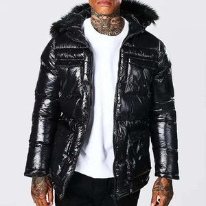 Blouson matelassé noir brillant pour homme avec capuche en fausse fourrure, manteau d'hiver isolé, parka zippée, vêtement d'extérieur chaud style streetwear, cadeau pour - Product Image 4