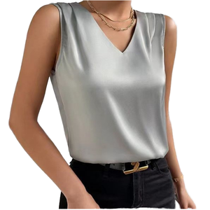 Débardeur en soie pour femme, col en V, sans manches, couleur unie, élégant, en satin, longueur normale, tissu tissé - Product Image 3