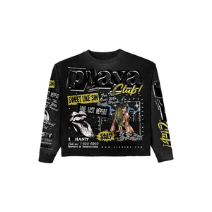 Custom Screen Print Men's <b>Black</b> <b>Long</b> <b>Sleeve</b> <b>Crop</b> <b>Top</b> Oversized Street Style Jersey Cotton O-Neck T-Shirt - Product Image 3