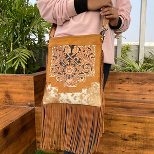 High Quality Handcrafted <b>Tooled</b> <b>Leather</b> Large Fringe Crossbody Bag Women Luxury Conceal Carry Designer Cowhide Shoulder Handbag - Product Image 3