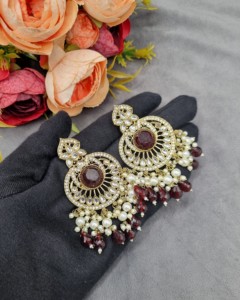 Designer Round Gem Stone Chandbali Pearl Bead Tassel <b>Dangle</b> <b>Earrings</b> Antique <b>Gold</b> Plated For Women Fashion <b>Earrings</b> Manufacturer - Product Image 5