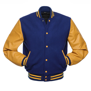 Veste Bomber Varsity Personnalisée en Gros avec Bordure Côtelée Bleu Royal Laine Simili Cuir Moutarde - Product Image 1