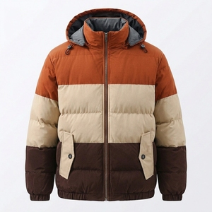 Veste d'hiver matelassée épaisse et chaude pour homme, fabriquée sur mesure, avec capuche amovible, coupe-vent, colorblock, et empiècements rembourrés à l'avant - Product Image 1