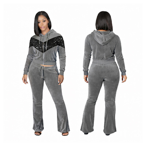 Women Velvet Tracksuit <b>Set</b> Zip Up Hoodie Jogger Outfit Black Gold Sequin Casual Gym Wear - Product Image 5