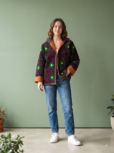 Velvet <b>Quilted</b> <b>Jacket</b> Suzani Embroidered Floral <b>Pattern</b> Full Sleeves Eco-Friendly Breathable Winter Women's Purple Green Yellow - Product Image 2