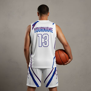 Camiseta de Baloncesto Sublimada Personalizada para Hombre, Cuello en V, Sin Mangas, Blanca, Azul y Morada, Estampado Geométrico, Absorbe la Humedad, Ajuste Atlético - Product Image 2