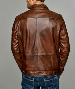 Men's <b>Brown</b> Genuine <b>Leather</b> <b>Jacket</b> Stand Collar Zipper Closure Casual Autumn Wear Regular Fit - Product Image 2