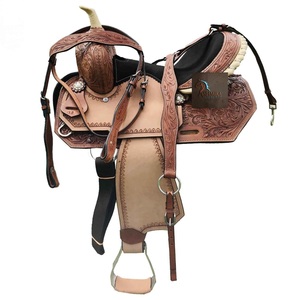 Tan Leather Western Barrel Horse Saddle Floral Hand Carved Padded Suede Seat Designer Conchos SS Fitting With Tack Set 10"-18" - Product Image 1