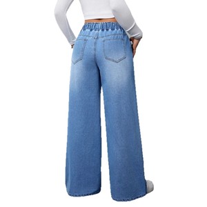 Jeans de Mezclilla Azul Claro para Mujer, Casuales, de Cintura Alta, Elásticos, Transpirables, de Pierna Recta y Ancha, Holgados - Product Image 4