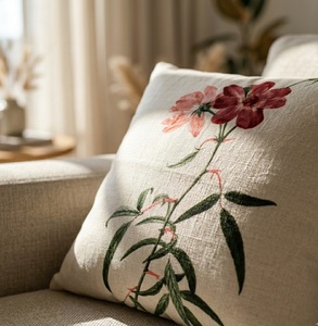 Housse de coussin décorative en coton texturé aux tons neutres et rose rougeâtre, motifs botaniques, approvisionnement international en gros 18X18 - Product Image 3