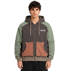 Sudadera con capucha con cremallera de bloques de color, desgastada, estilo urbano, con patchwork, para hombre, de forro polar grueso, venta al por mayor, OEM, marca privada - Product Image 1